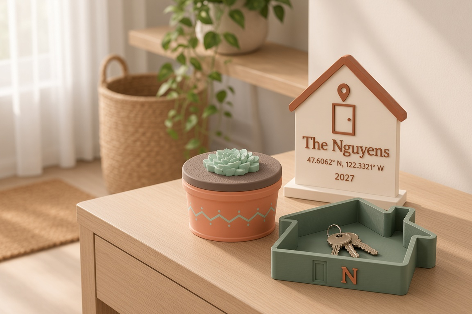 Housewarming collection with a terracotta pot box planted with a sage succulent rosette, a home-coordinates sign and a small house-shaped key tray