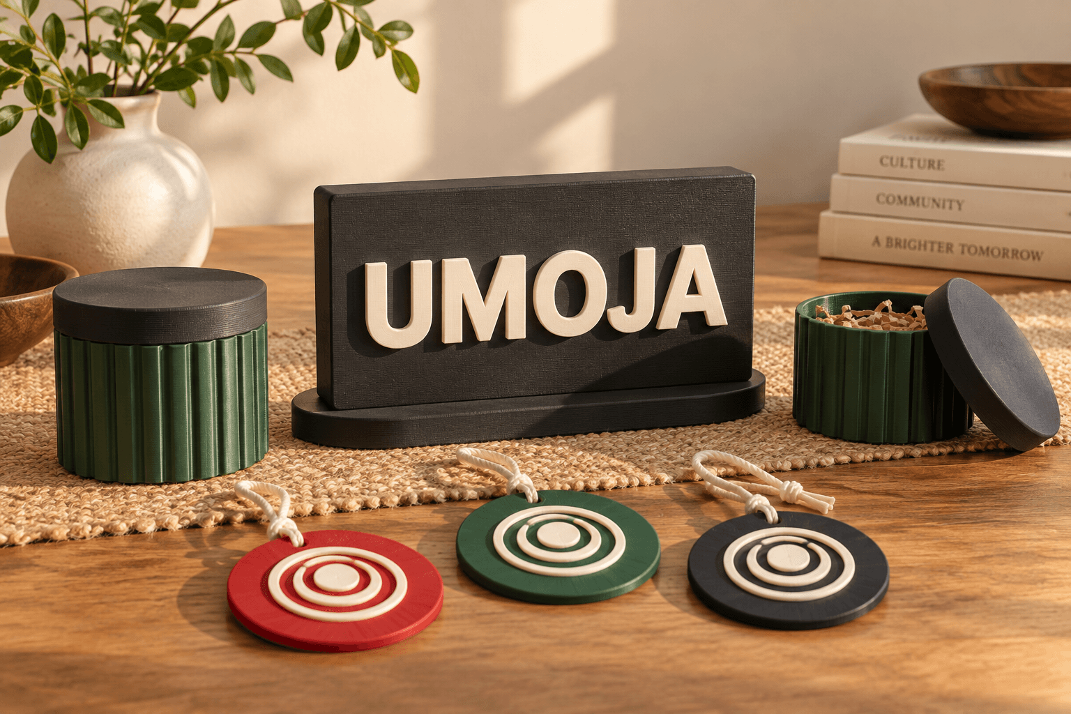 Kwanzaa collection with charcoal Umoja plaque, green fluted gift boxes, and red, black, and green keepsake tags