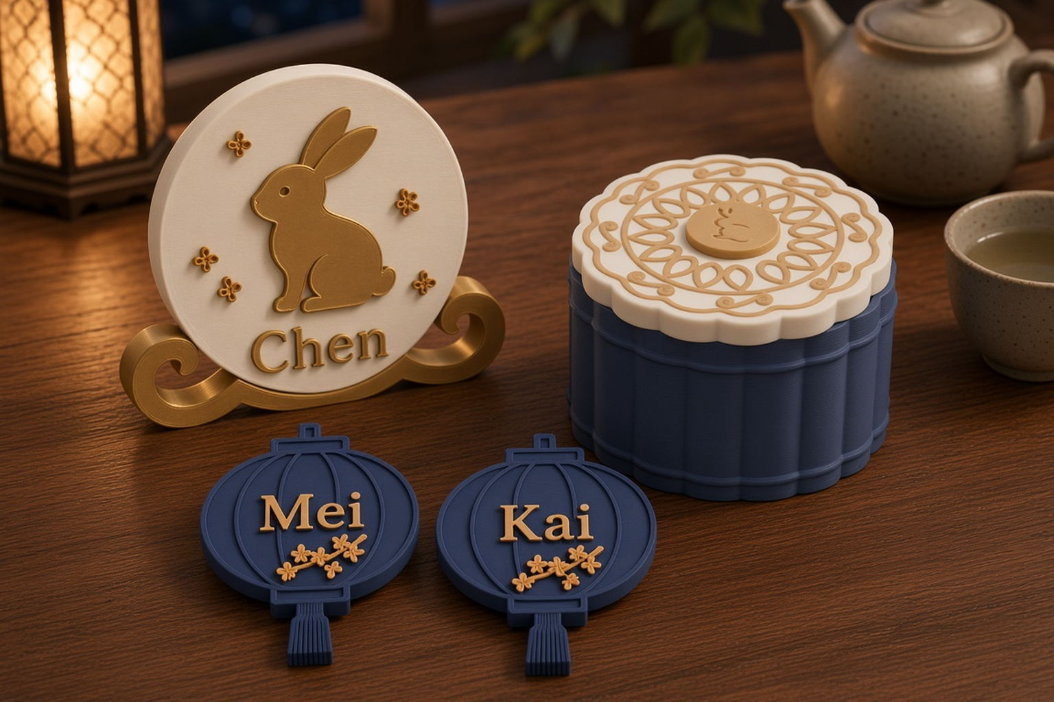 Mid-Autumn Festival collection with a midnight scalloped mooncake box, an ivory moon rabbit display on a gold cloud stand and indigo lantern place names