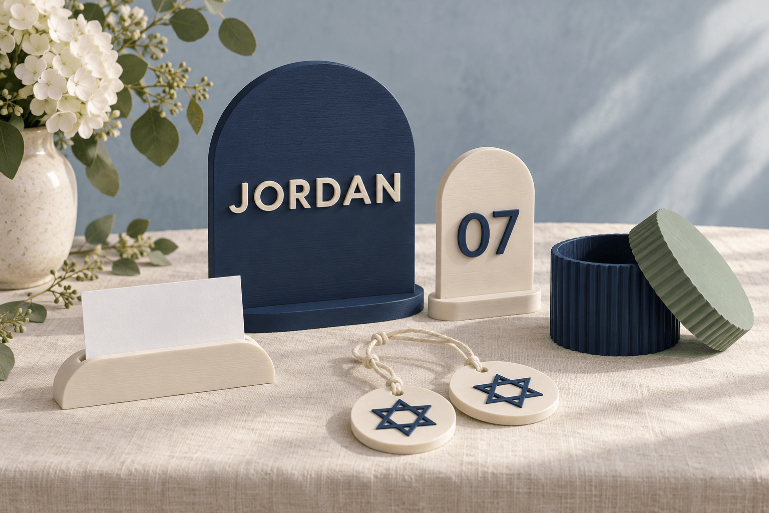 Bar or bat mitzvah reception collection with navy Jordan name display, ivory table 07, photo stand, star tags, and navy gift box
