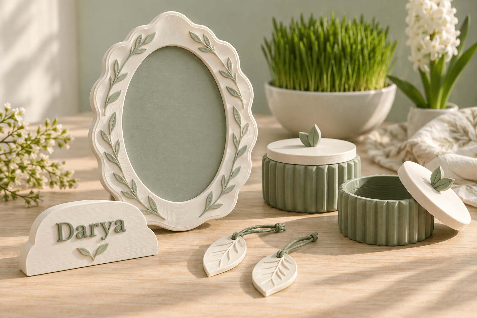 Nowruz spring collection with ivory scalloped frame, Darya place name, leaf tags, sage gift boxes, and sprouts in a ceramic bowl