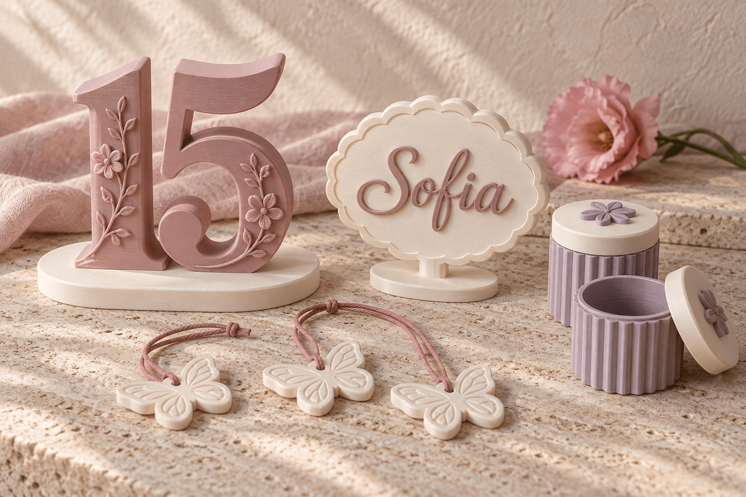 Quinceañera collection with rose number 15, ivory Sofia plaque, butterfly tags, and lilac favor boxes