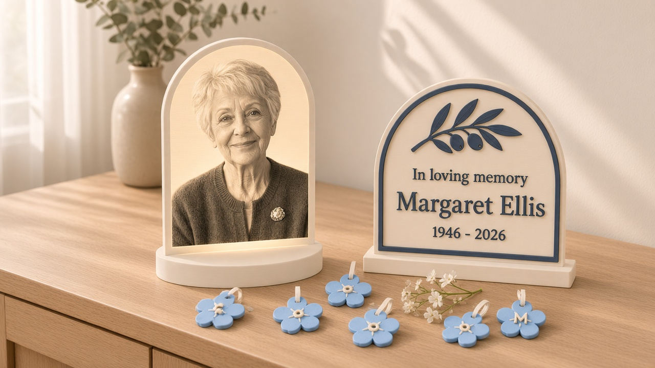 Remembrance collection with a glowing white photo lithophane memory light of a smiling grandmother, an ivory in-loving-memory plaque with a slate-blue olive branch, and soft-blue forget-me-not keepsakes