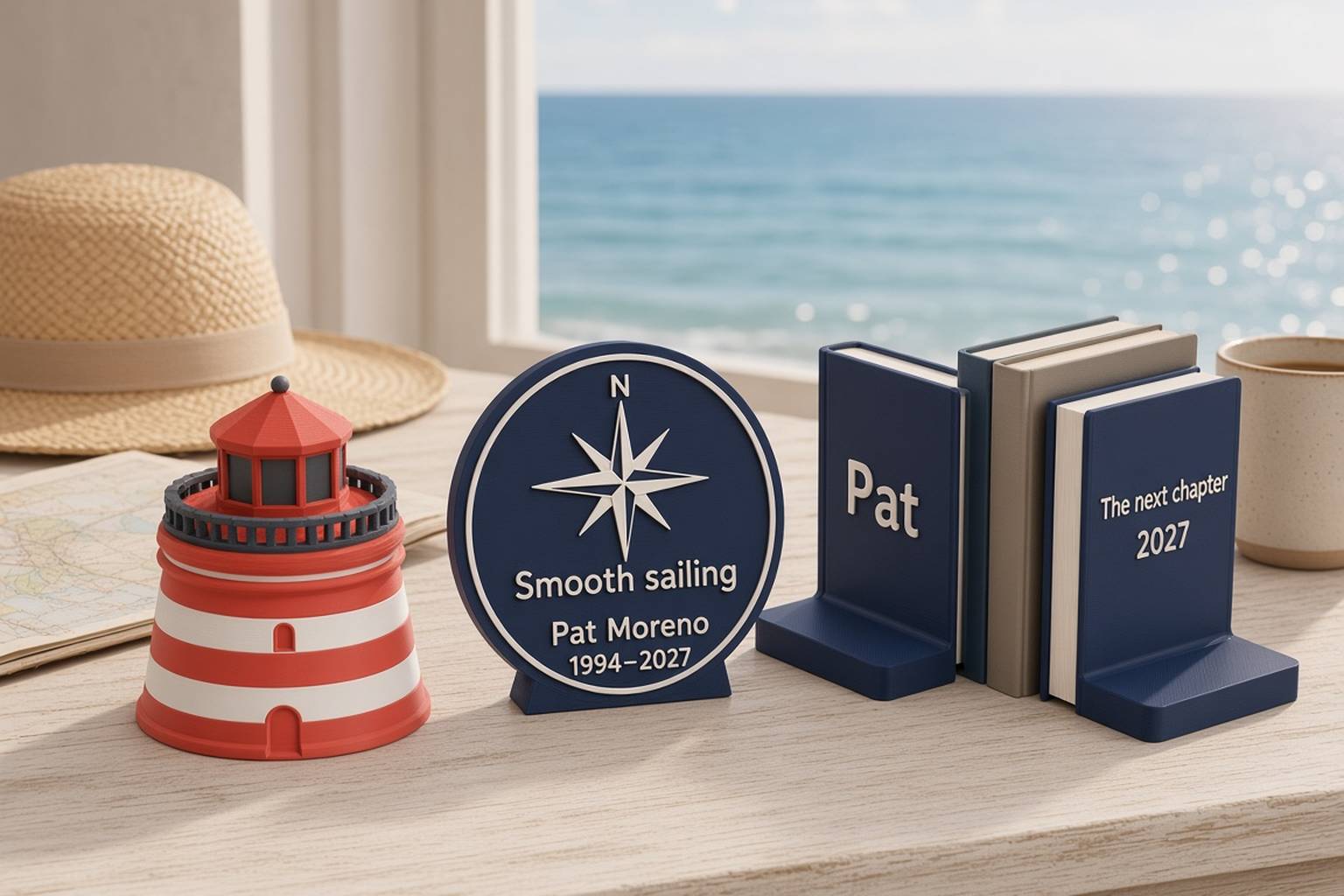 Retirement collection with a white and red lighthouse box with a red lantern-room lid, a compass-rose plaque and a pair of navy and white bookends