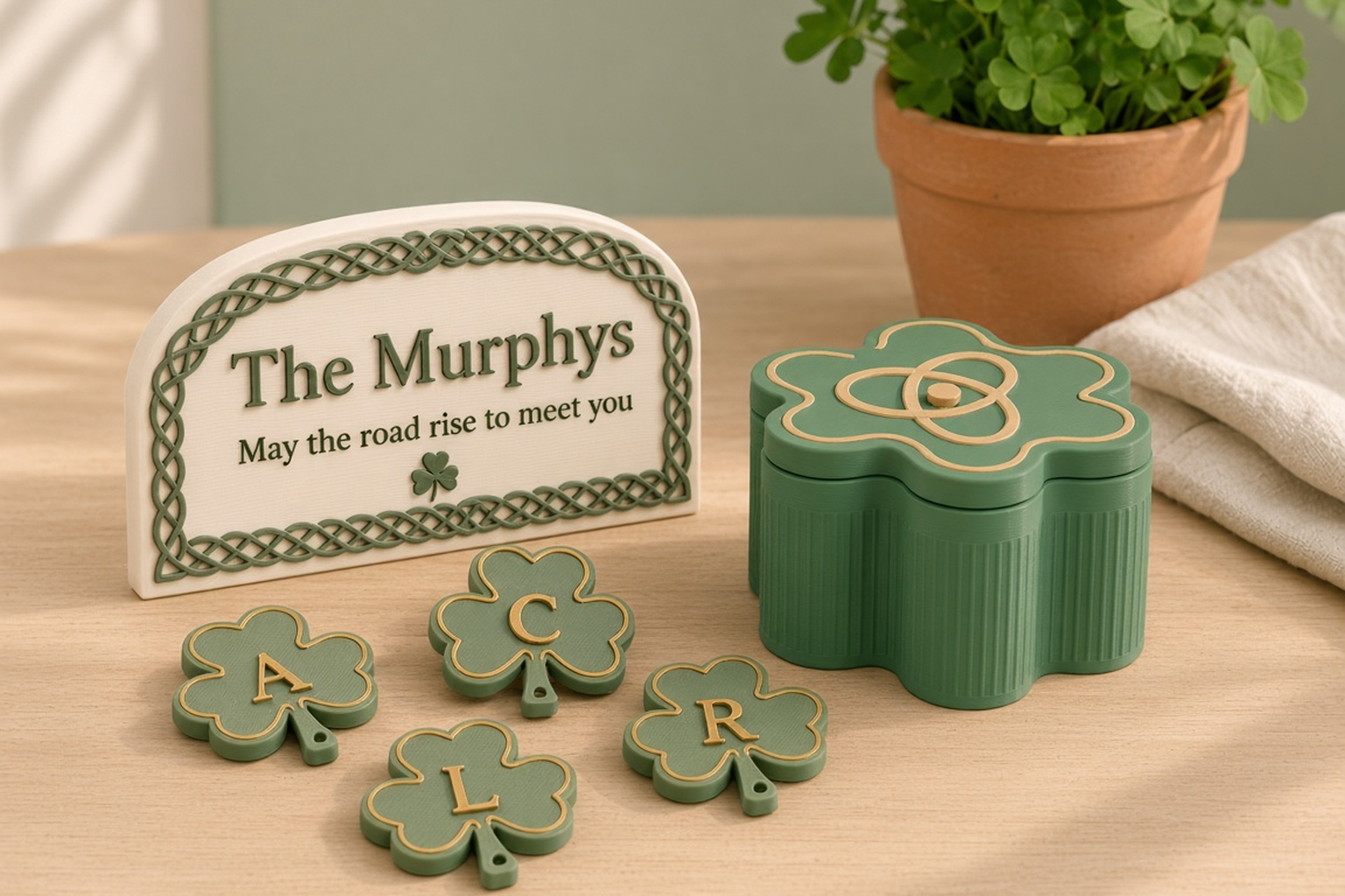 St. Patrick’s Day collection with a green shamrock box with a gold Celtic knot lid, an ivory Irish blessing plaque and green shamrock charms