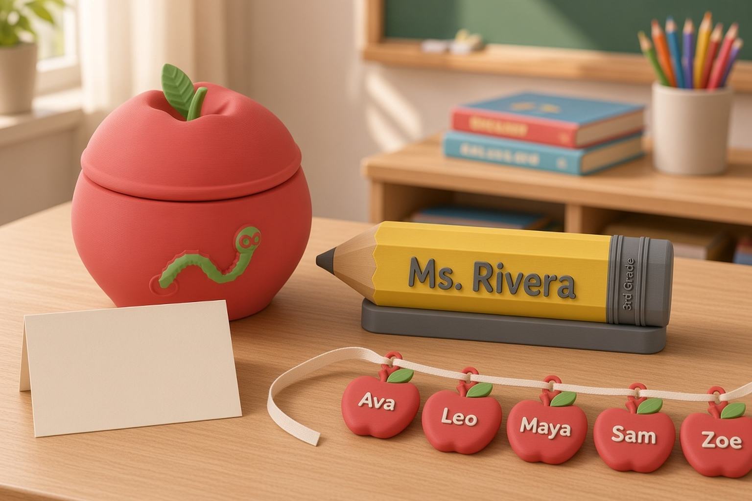 Teacher appreciation collection on a classroom desk with a red apple box with a green bookworm and leaf, a yellow pencil desk name plate reading Ms. Rivera and five small red apple name tags on a ribbon