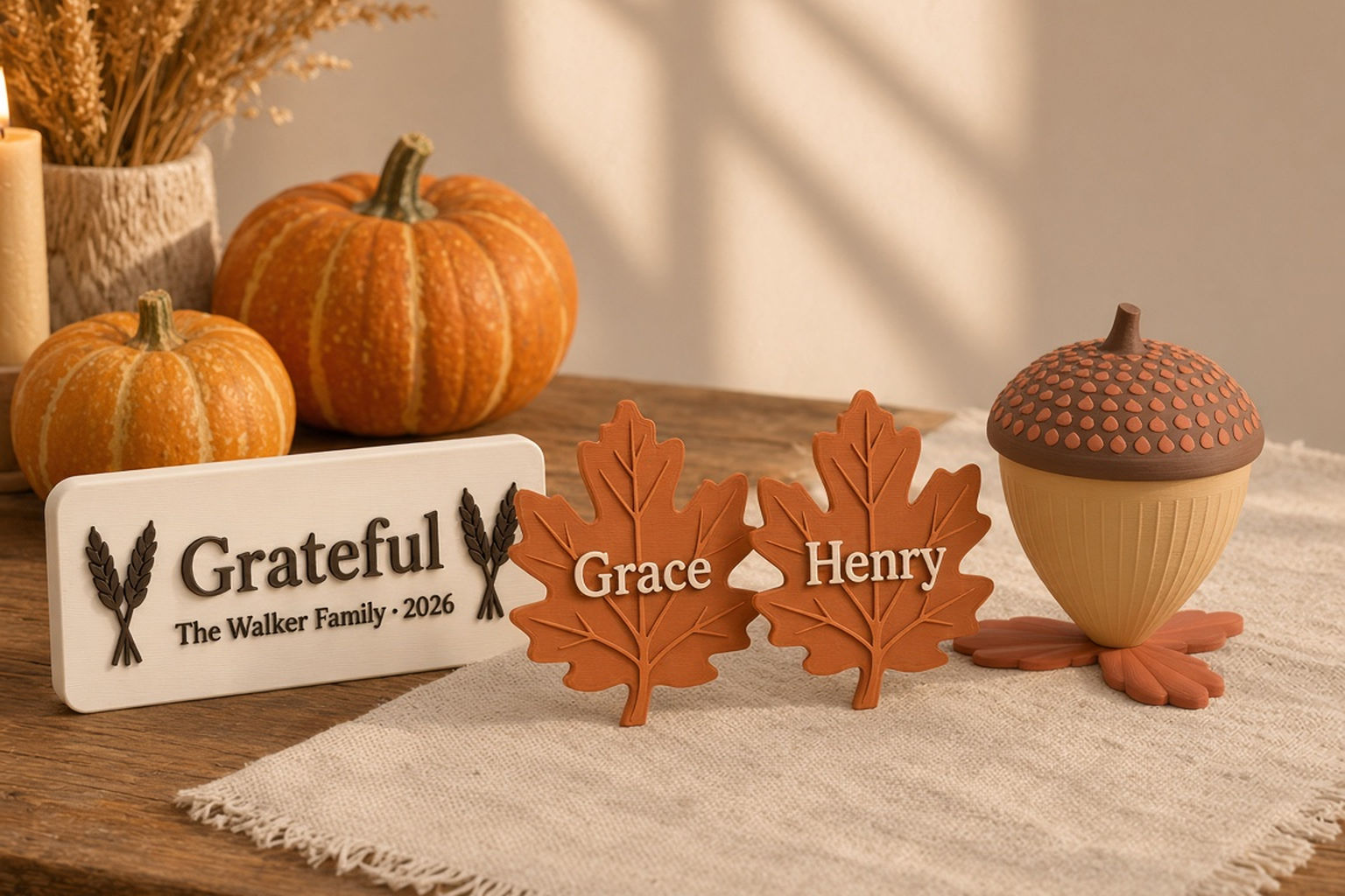 Thanksgiving collection with a golden acorn box on rust oak leaves, rust autumn-leaf place names and an ivory Grateful plaque