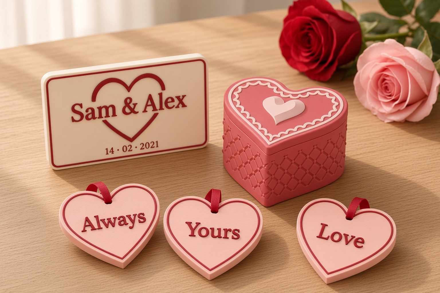 Valentine’s collection with a crimson quilted heart box, an ivory Sam and Alex date plaque and blush heart love-note tags