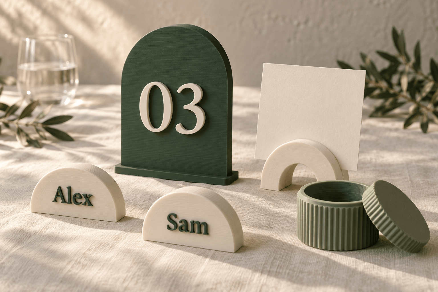 Wedding collection: forest green table number, ivory Alex and Sam place names, sage favor box and arch photo stand